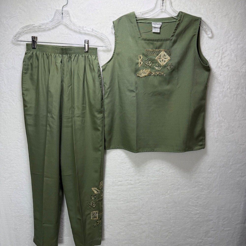 BonWorth Womens 2 Piece Set Olive Green Textured Sleeveless Top & Pants Size S